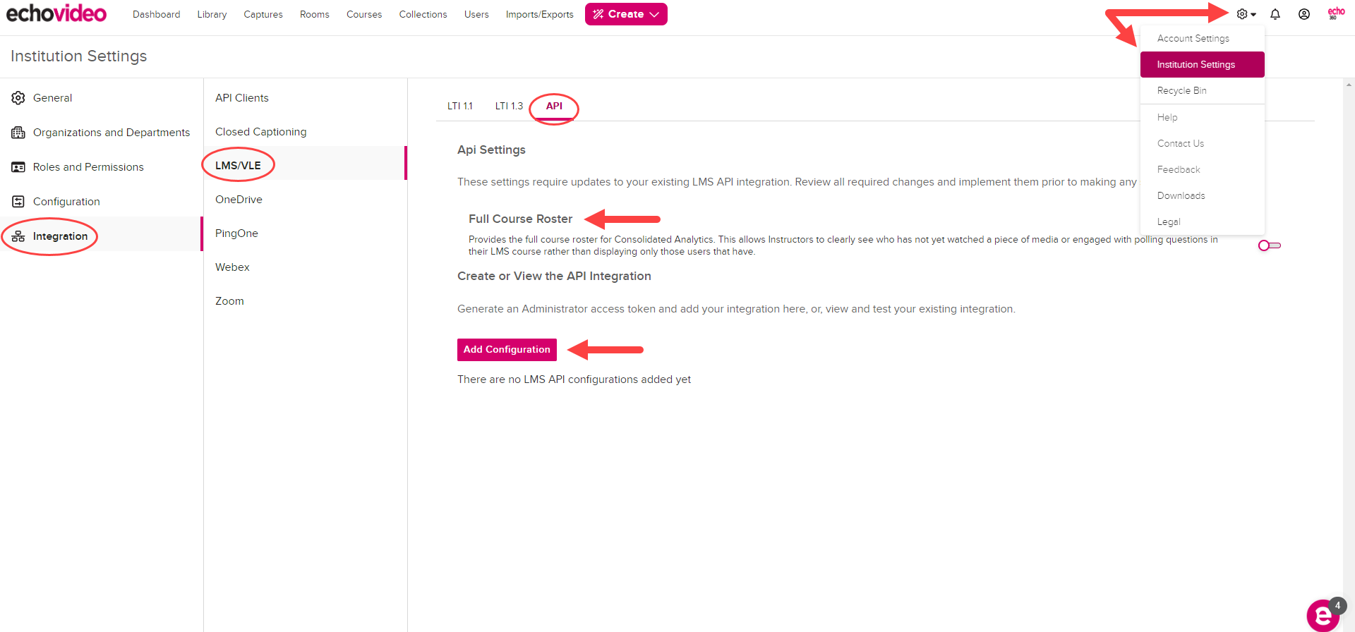 EchoVideo LMS configurations page with navigation to page and API tab shown as described