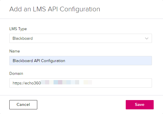 EchoVideo LMS API tab with the  API integration form open and completed with fields and values as described