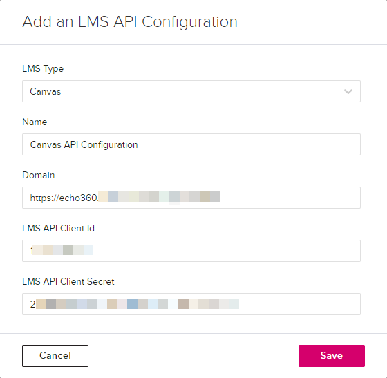 Add LMS configuration dialog box with Canvas selected and fields for completion shown for steps as described