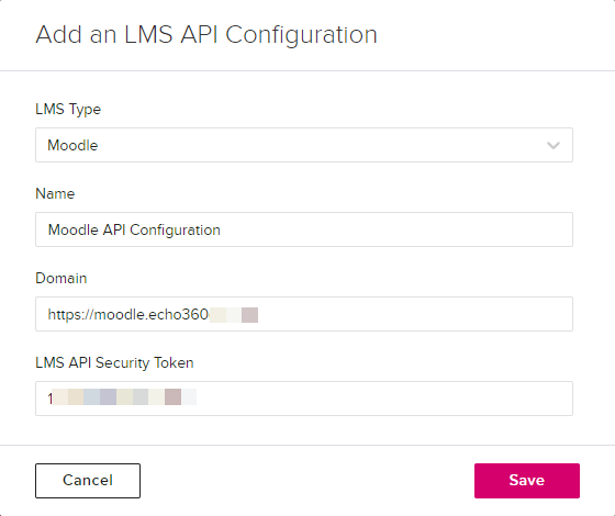 Add API configuration dialog box with Moodle selected and fields for completion shown for steps as described