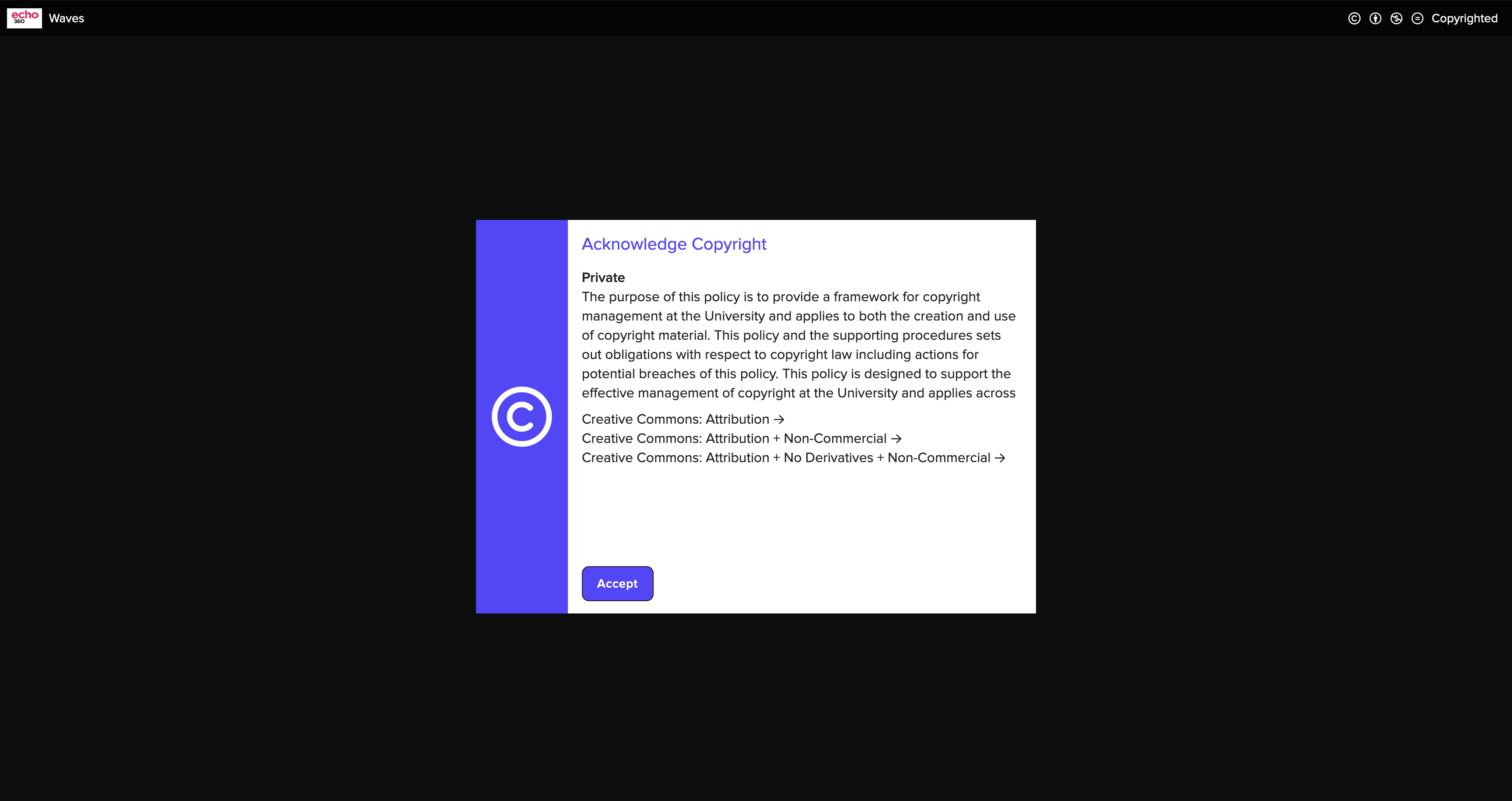 Echo Player showing Copyright Acknowledgement as described