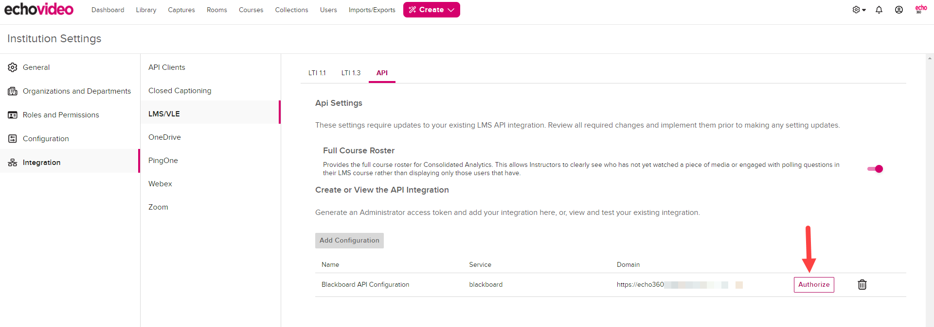 LMS API page in Echo360 with new API configuration showing including Authorize button for steps as described