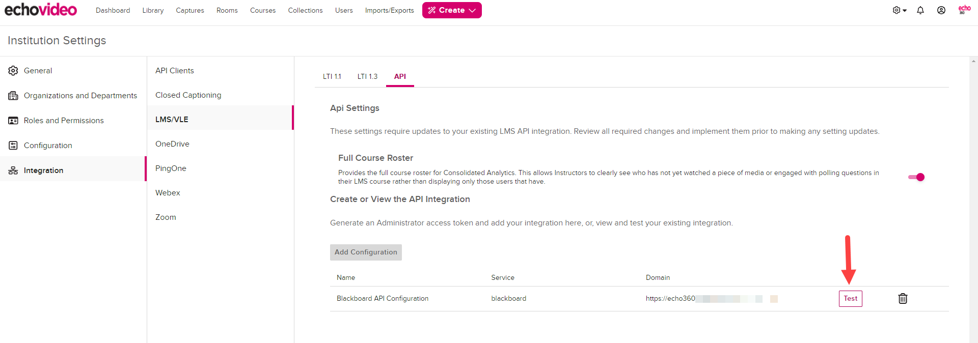 Echo360 LMS API tab with configuration completed and Test button identified for steps as described