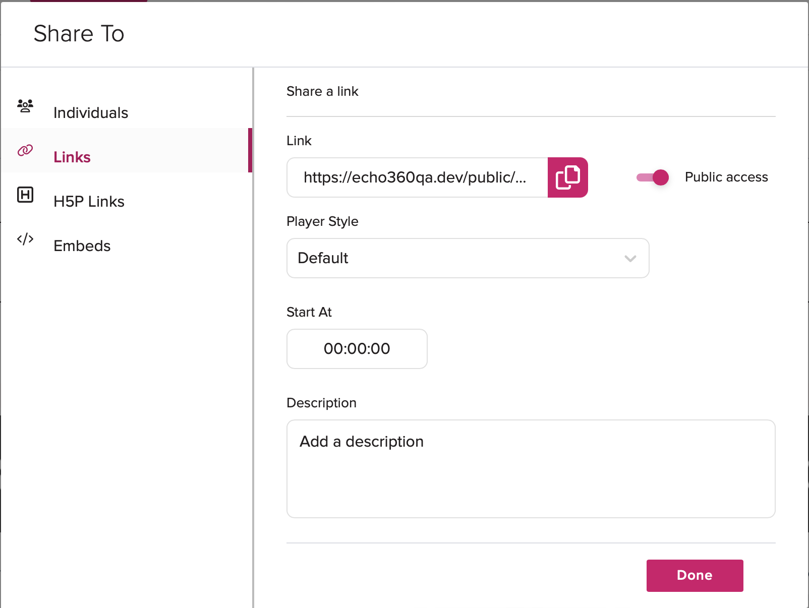 Share Modal with the Links tab shown and a newly generated link with all of the configurable options as described