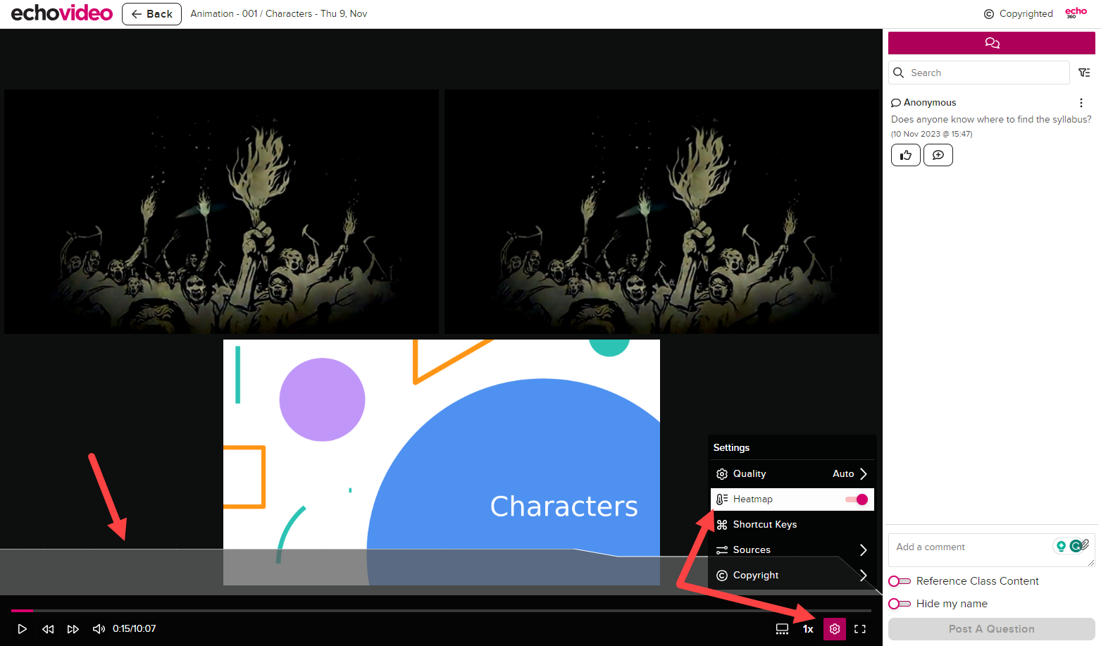 Classroom with interactive media showing the Settings icon and the Heatmapp option with the heatmap turned on as described