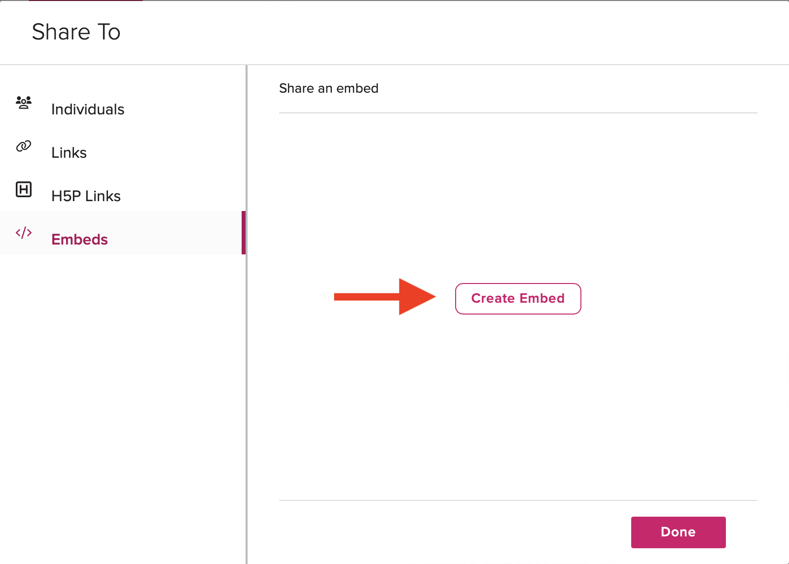 Share settings modal with Embeds tab shown and the Create Embed button identified for selection as described