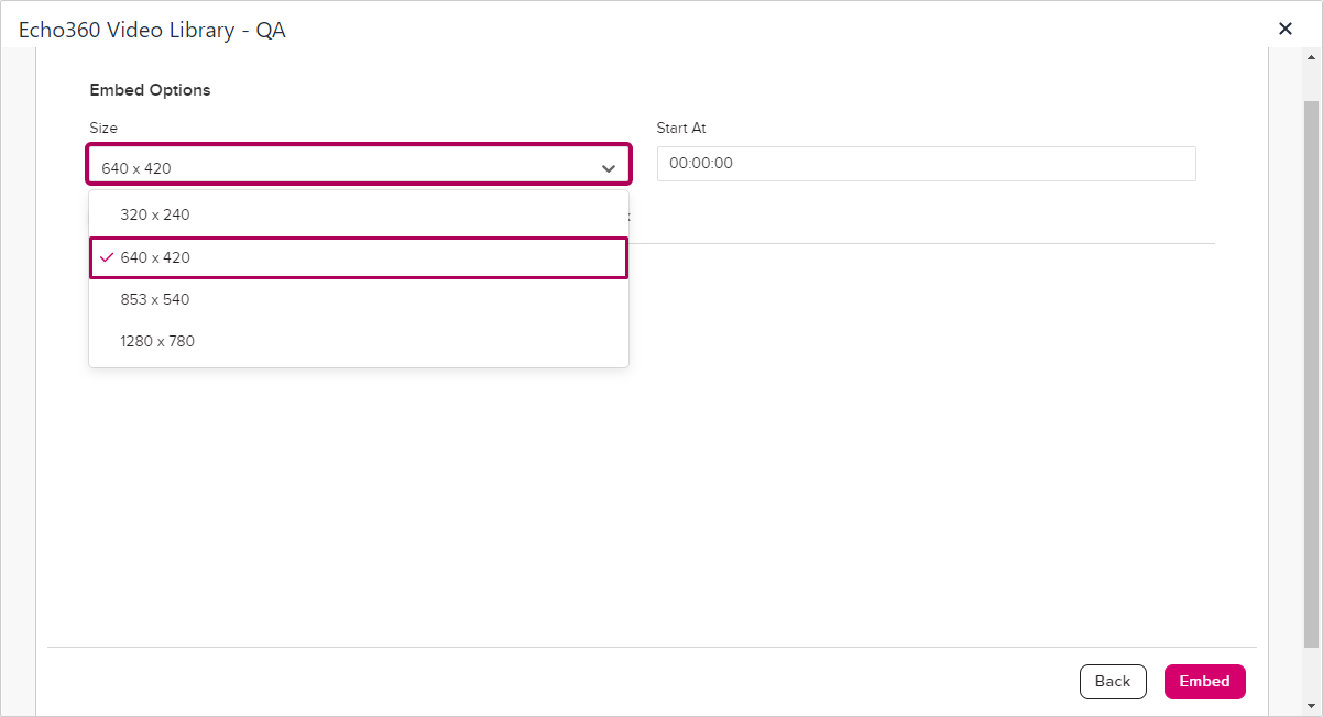 Embed media dialog box showing selected media with size drop-down list open containing options for playback size as described