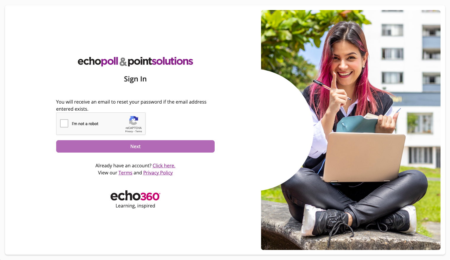 The EchoPoll and PointSolutions log-in screen with the forgot password reCAPTCHA shown