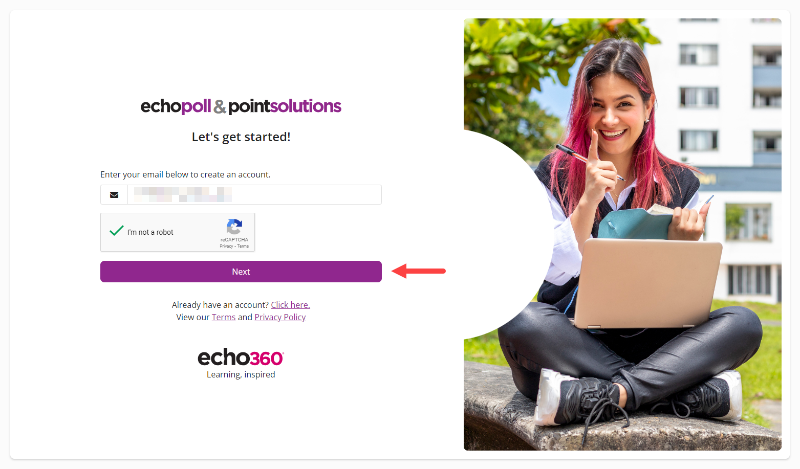 The EchoPoll and PointSolutions account creation screen prompting for your email address and completed reCAPTCHA with Next button identified