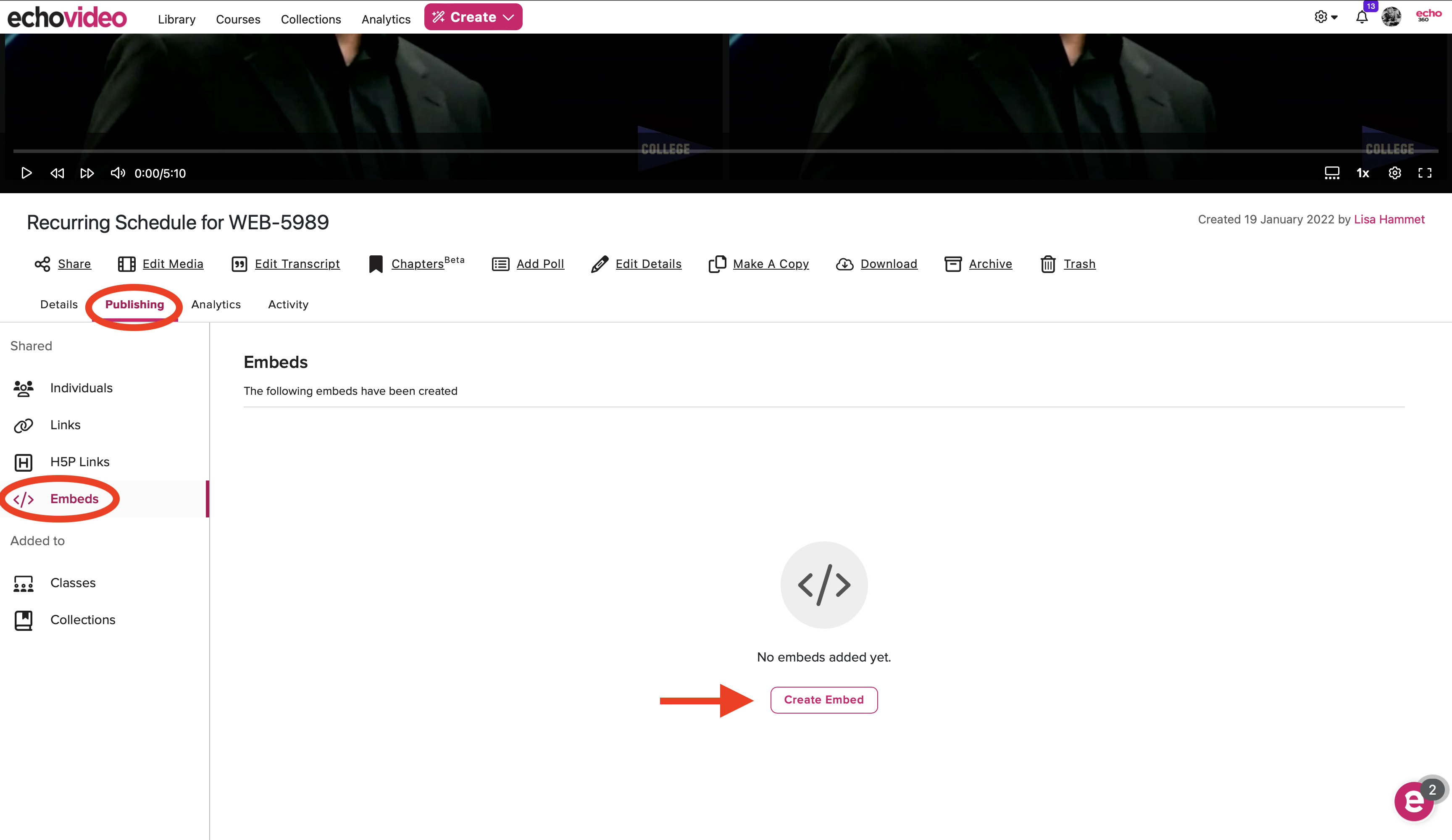 Media Details Page opened to the Embed section of the Publishing tab with Create Embed button identified