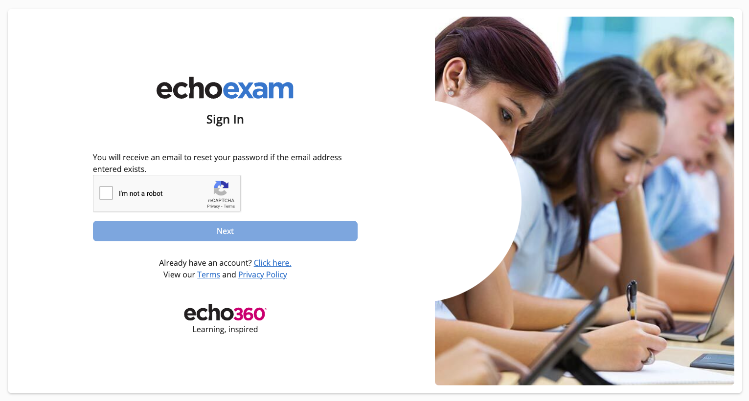 EchoExam Sign In screen showing the reCAPTCHA as described