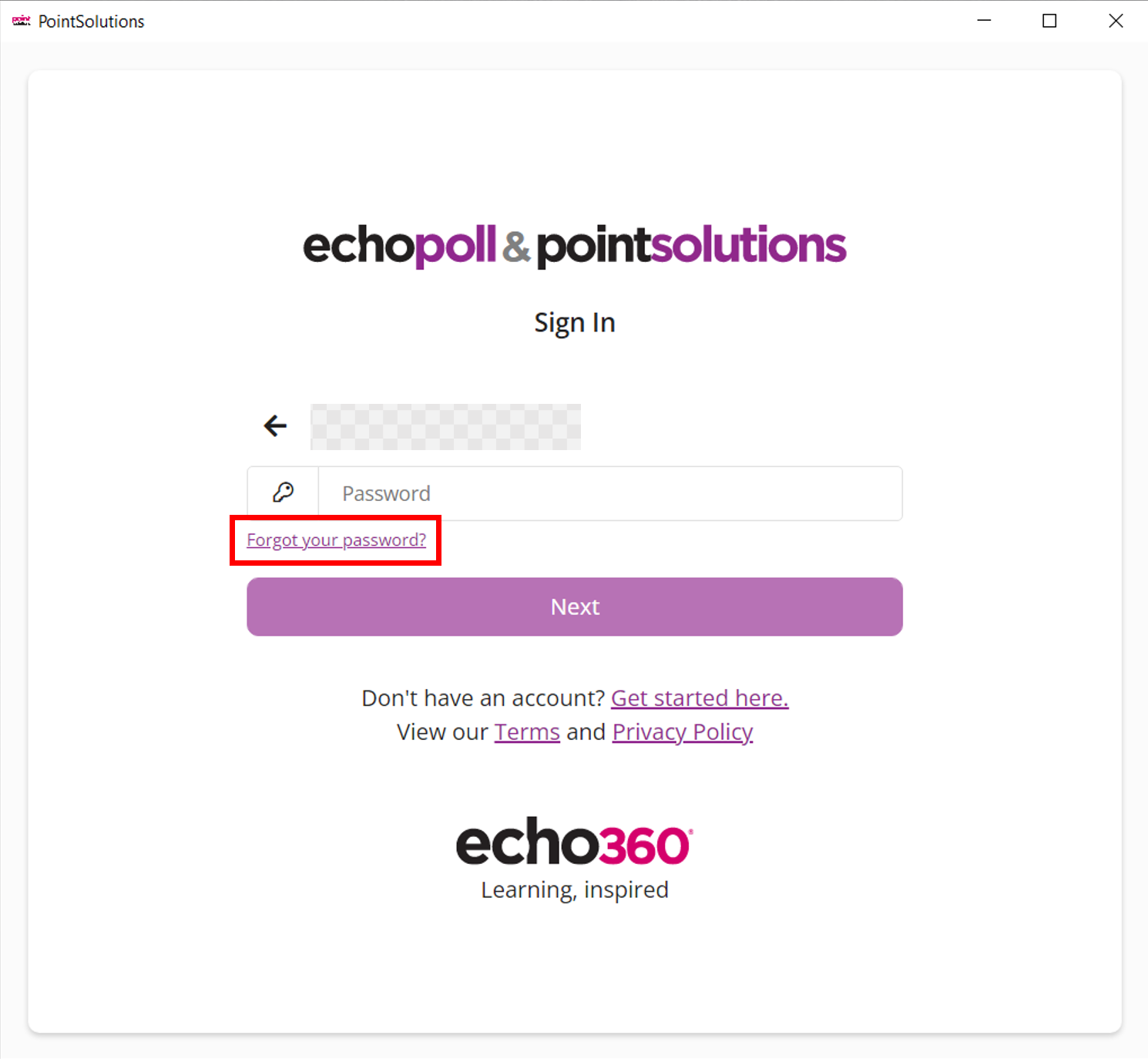 PointSolutions Desktop Sign In screen showing empty password field and Forgot your password link identified