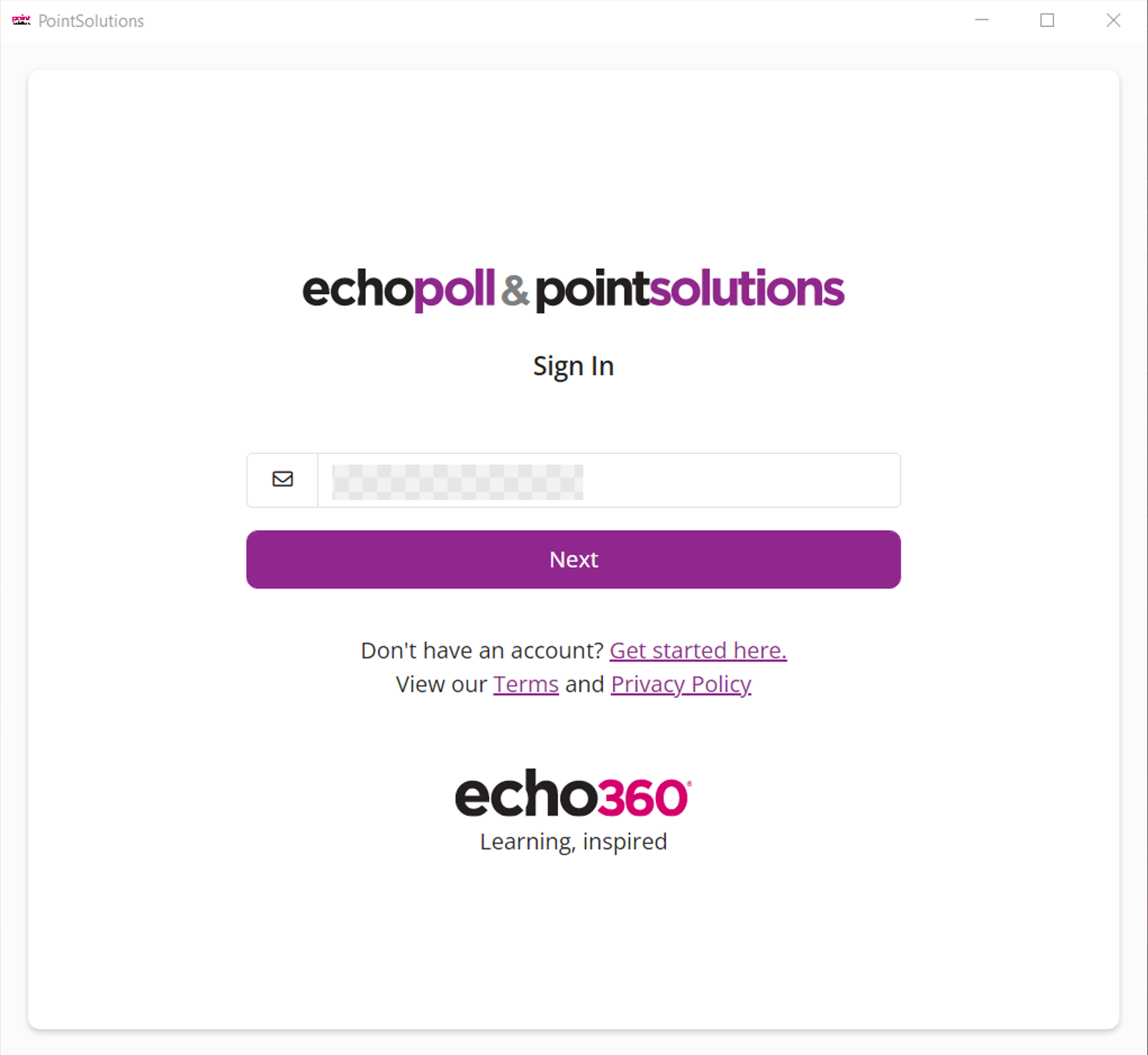 PointSolutions Desktop Sign In screen showing populated email field and the Next button
