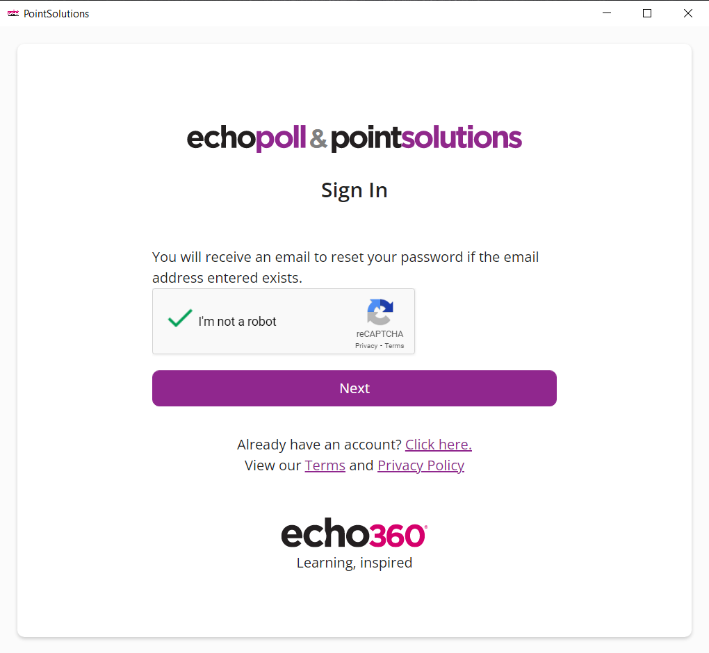 PointSolutions Desktop Sign In screen showing completed reCAPTCHA