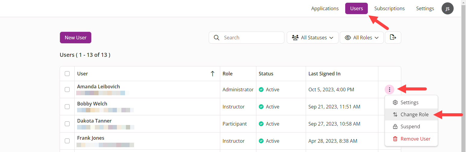 PointSolutions Admin screen with Change Role option identified as described