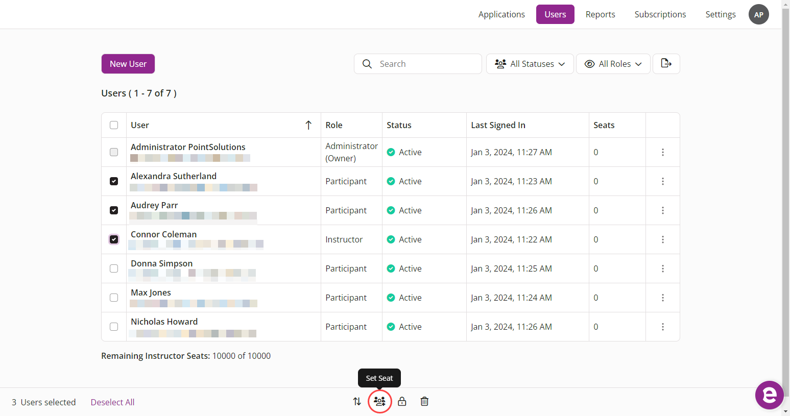 Multiple users selected with the bulk actions menu shown and Set Seat option identified