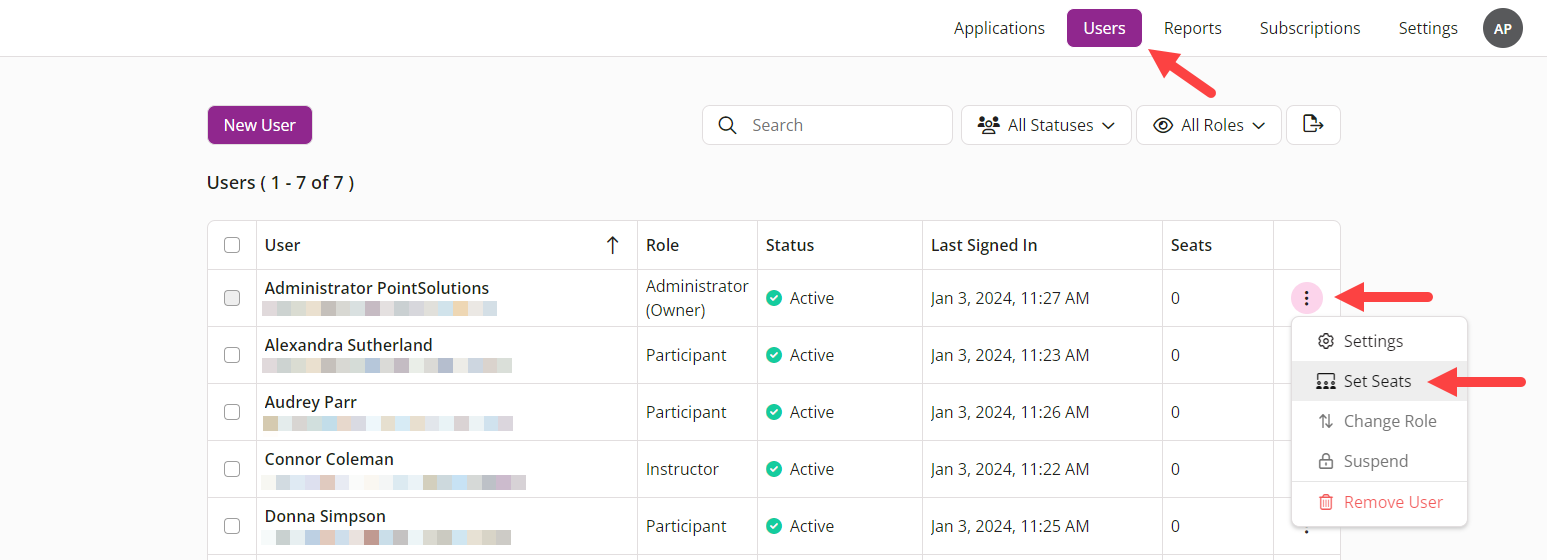 PointSolutions Admin screen with Set Seat option identified as described