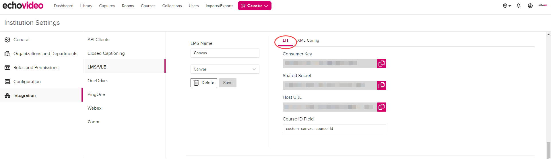 Canvas LMS configuration in EchoVideo with LTI tab showing containing Consumer Key and Shared Secret fields for steps as described