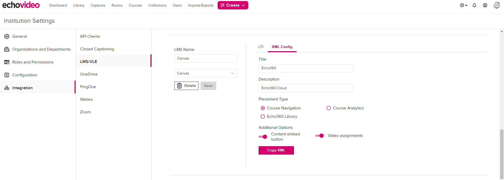 LMS configuration page in Echo showing Canvas XML config tab with options for steps as described