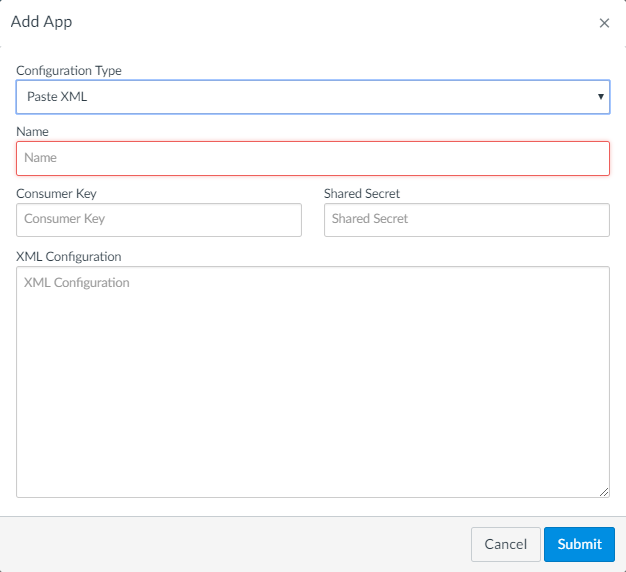 Canvas Add App dialog box with Paste XML selected and available fields shown for steps as described