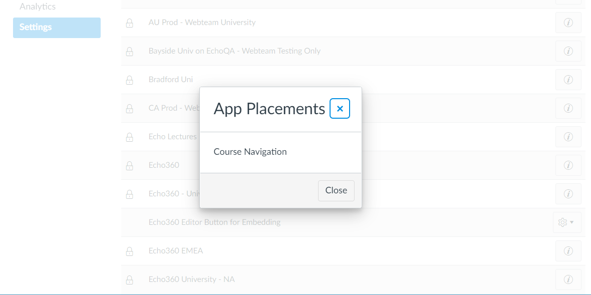 EchoVideo app placement in Canvas showing Course Navigation as described
