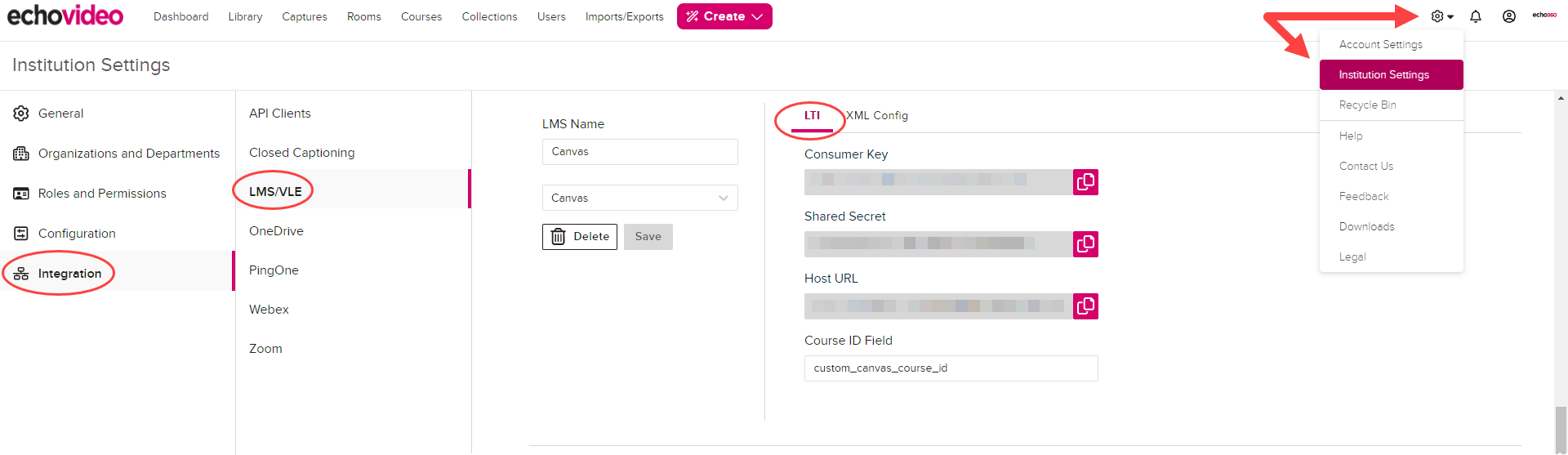 LMS configurations page with a Canvas LMS Configuration block showing