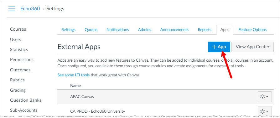 App configuration list in Canvas with Add App button identified for steps as described