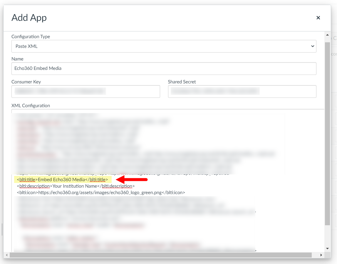 XML field in App configuration dialog box with Echo360 XML entered and editor button title field identified for optional editing as described