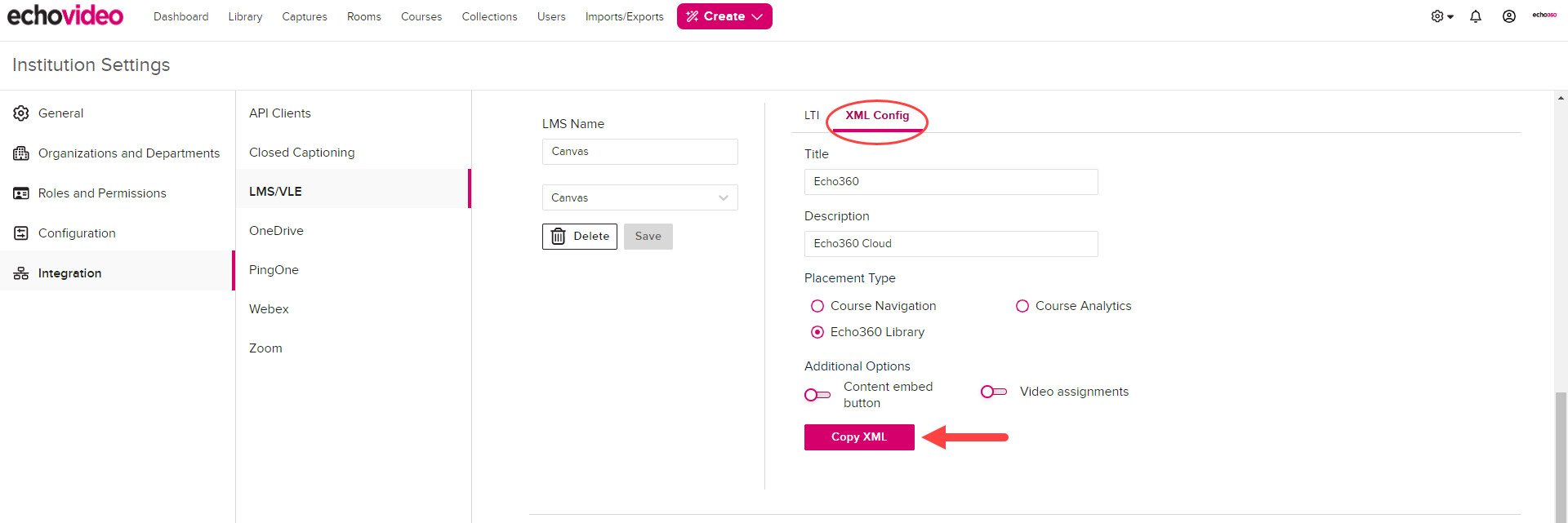 LMS configuration page in Echo showing Canvas XML config tab with options for steps as described