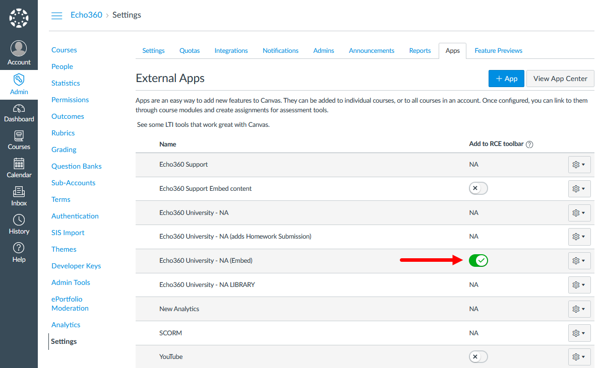 List of configured Apps in canvas with the RCE Toolbar toggle identified and enabled for the Echo360 embed media app as described