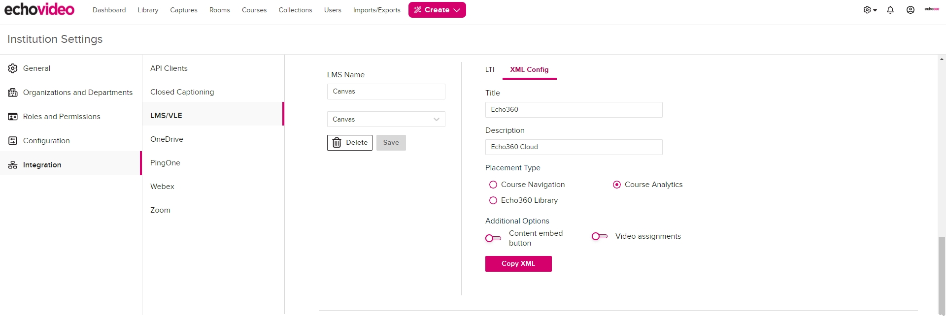 LMS configuration page in Echo showing Canvas XML config tab with options for steps as described