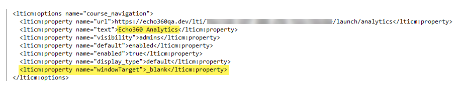 tool placement properties block of XML for consolidated analytics tool with optionally editable items highlighted for steps as described