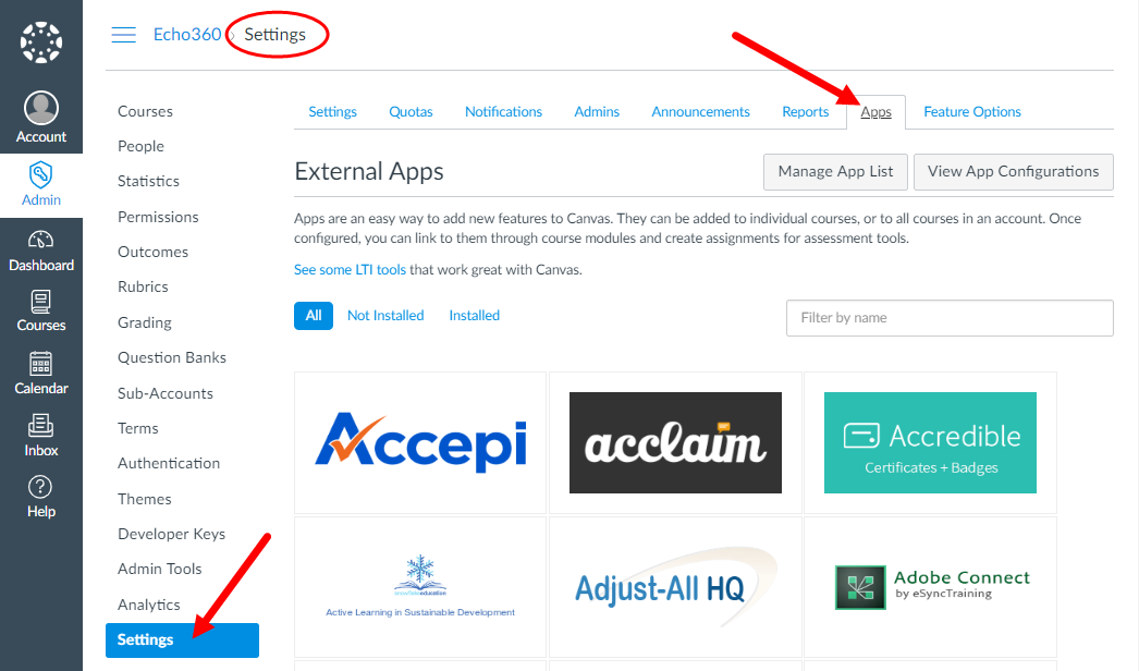 Canvas Account Settings with the Apps tab selected and shown as described