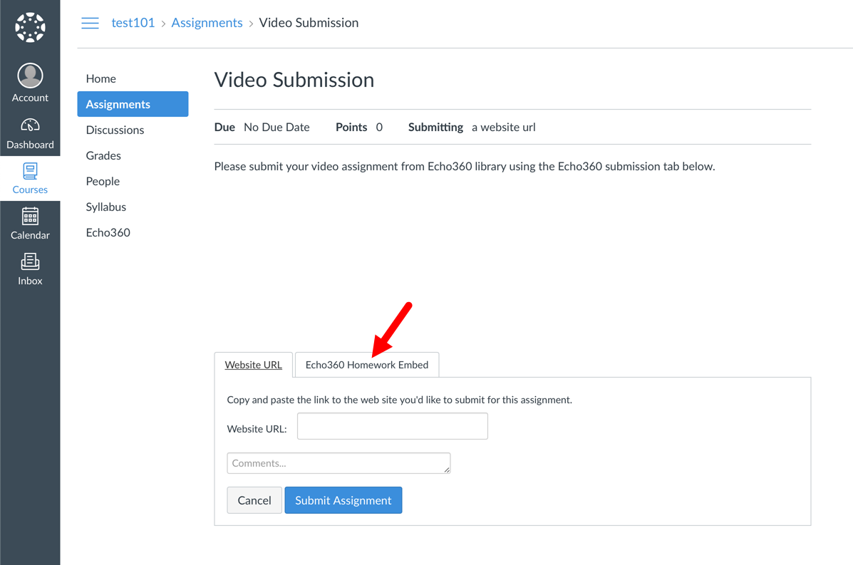 Assignment page in Canvas course with Echo360 homework submission tab option identified as students would see it