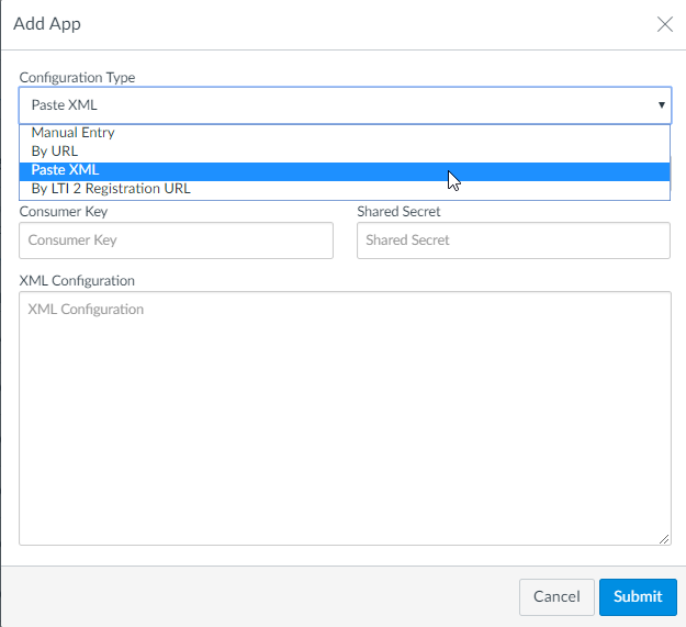 Add App dialog box in Canvas with PasteXML selected and fields for steps as described