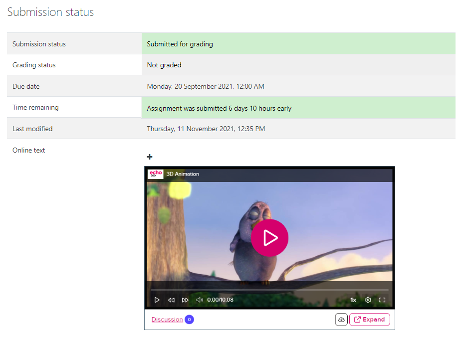 Student submission with embedded video displayed on the page for playback as described