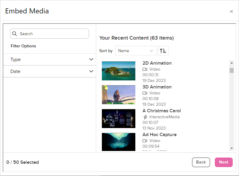 Embed Media options with recent media as described