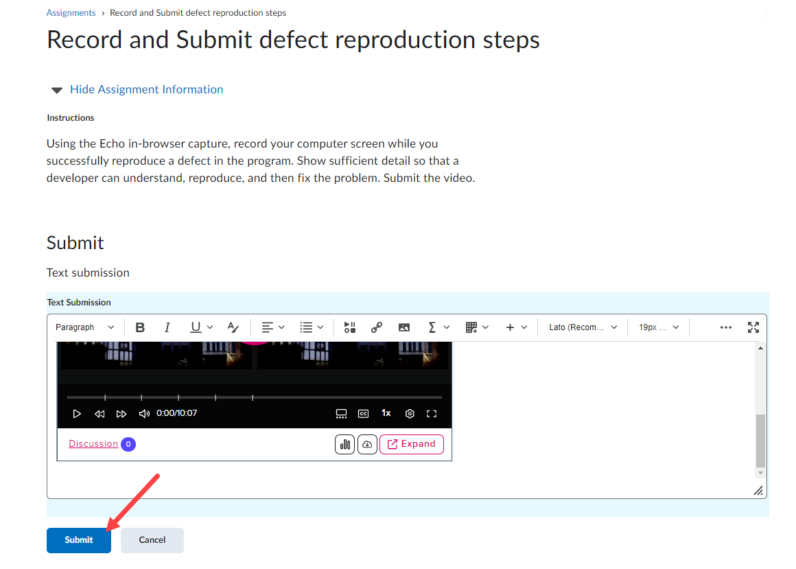 Brightspace assignment content window containing selected embedded media and Submit button identified for steps as described