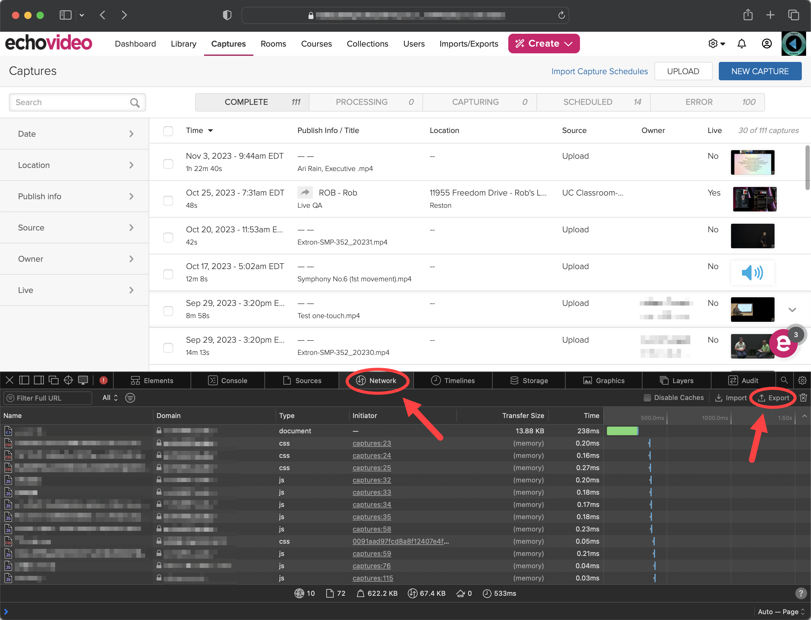 Safari browser page with Web tools panel open and Network tab and Export button identified for steps as described