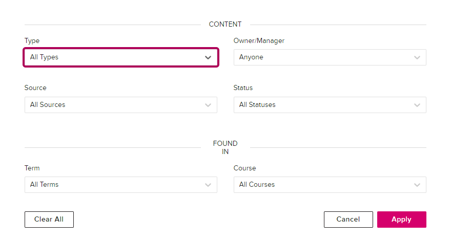 Filter menu with Type, Owner / Manager, Source, Status, Term, and Course dropdowns as described