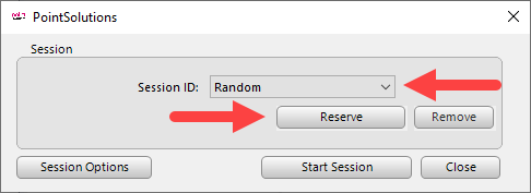 PointSolutions Desktop Session window with Session ID drop-down and Reserve button identified as described