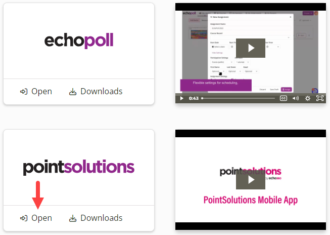 The EchoPoll and PointSolutions application selector with the PointSolutions Open link identified as described
