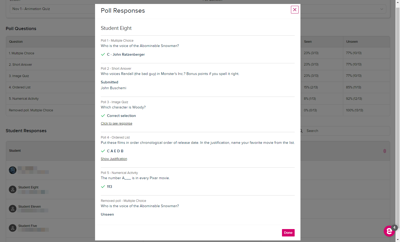 Popup modal showing a selected student's responses to all polls in the media as described