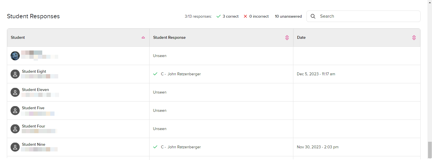 Student response table with sortable columns and response summary identified as described