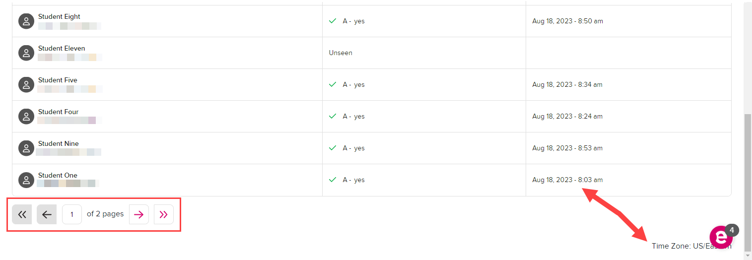 bottom area below Student Response List showing pagination controls and time zone identifier as described