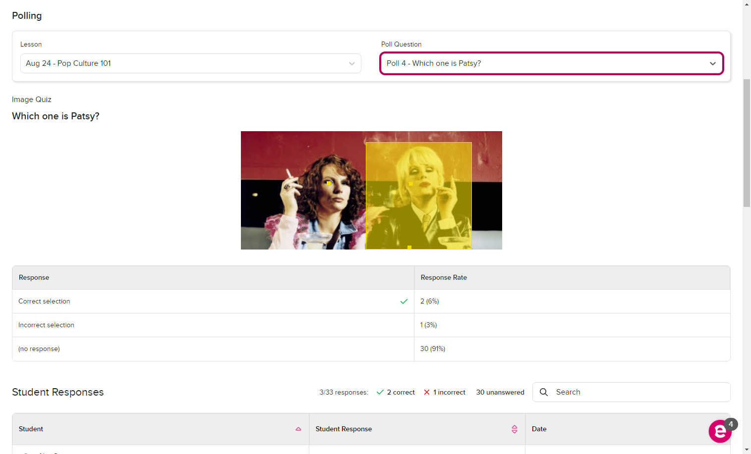 Image quiz poll with correct answer area and student response indicators shown as described