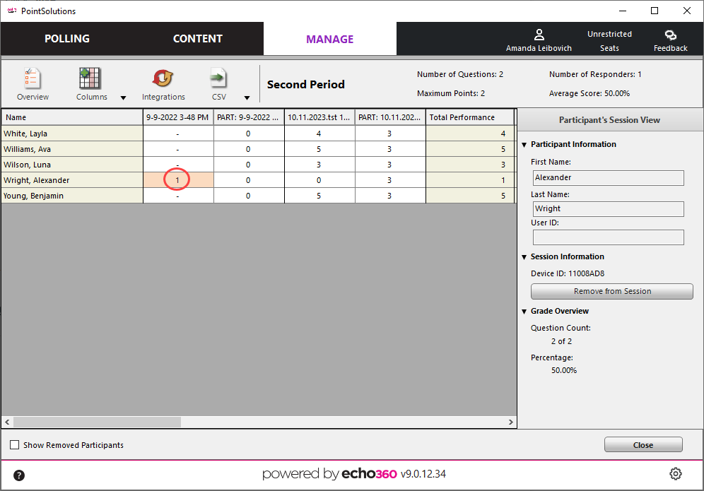 Sessions results shown with the unassigned device now assigned to a student from the roster