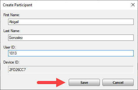 The Create Participant window with First Name, Last Name, and User ID populated