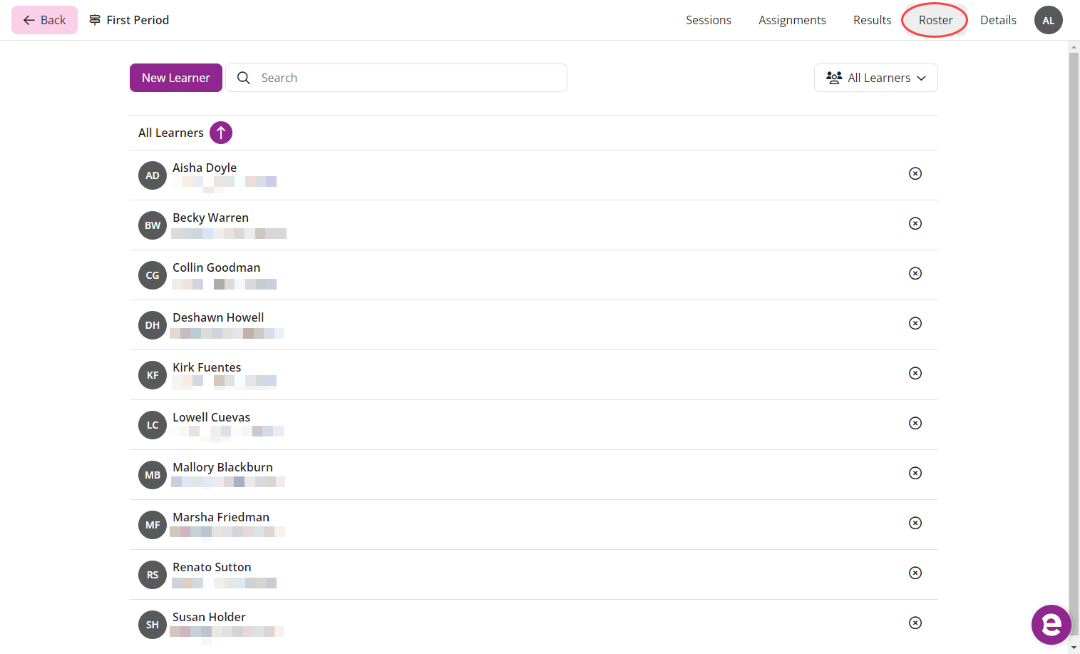 Course Roster tab with Learners displayed