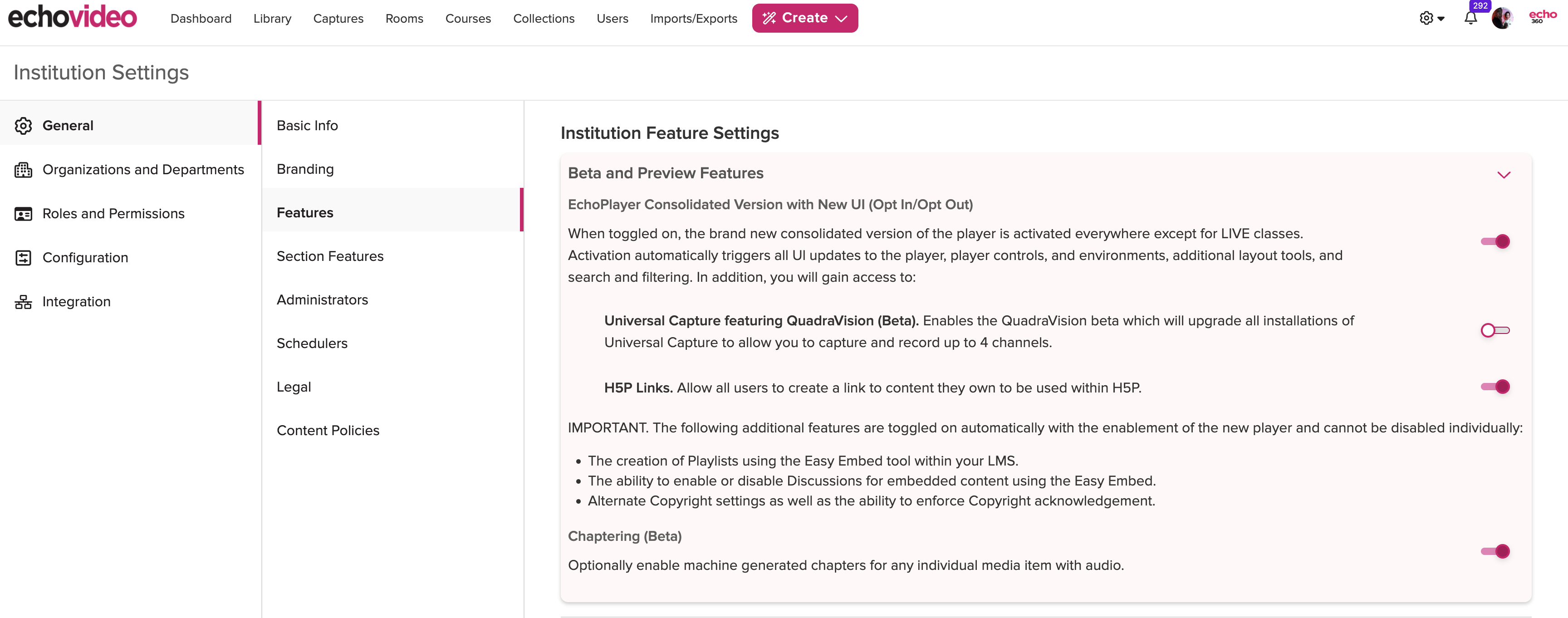 Institution Features showing available Beta and Preview Features